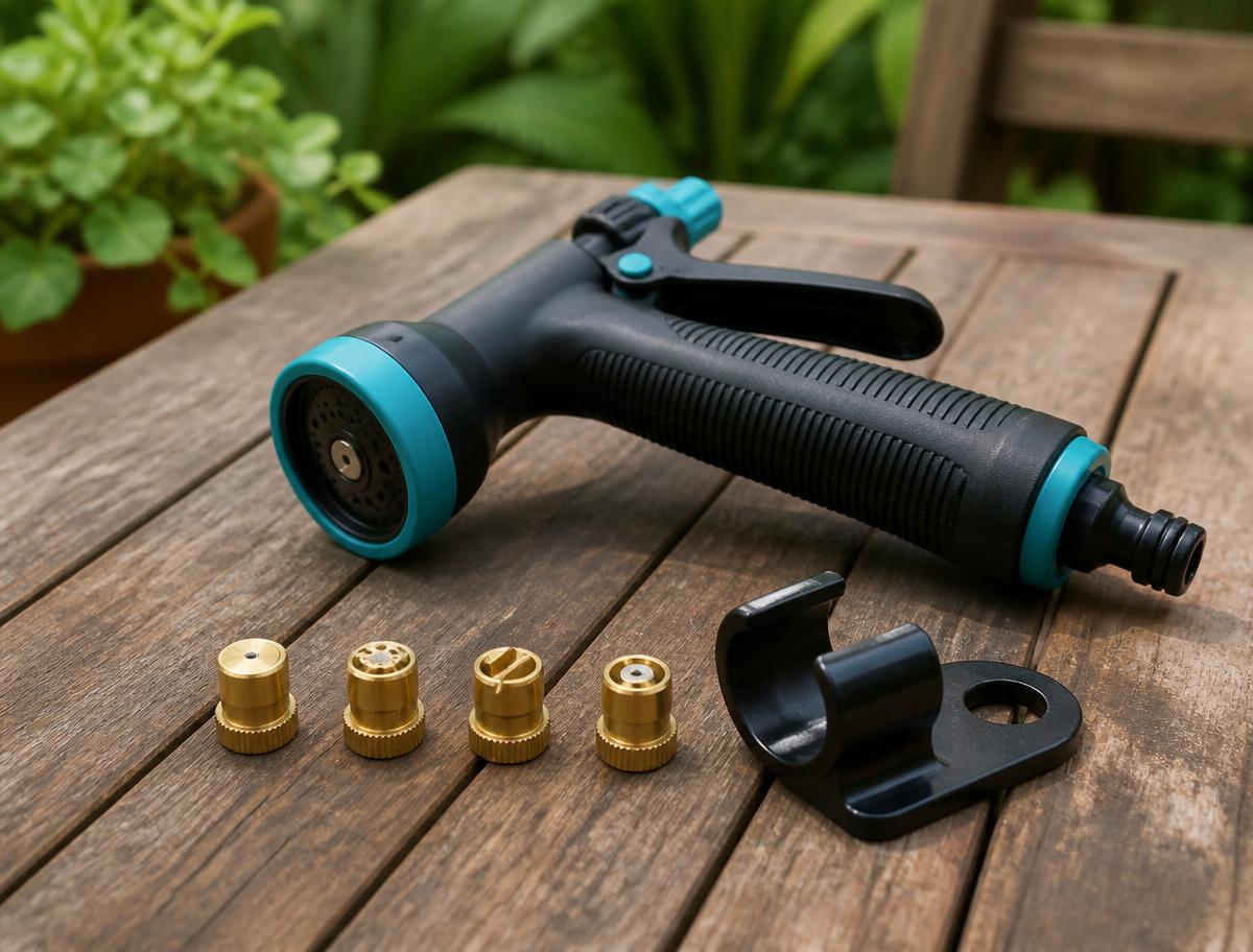 The Pocket Hose Arrow nozzle with four brass spray tips and a clip-on holder on a garden table